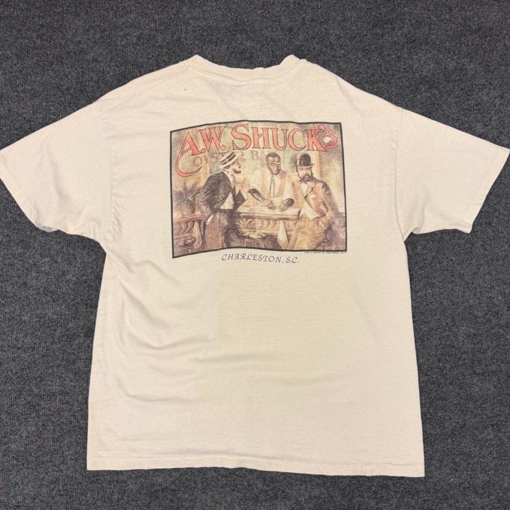 Vintage 90s A.W. Shuck's Charleston SC Oyster Bar T Shirt Hanes Beefy XL Cream